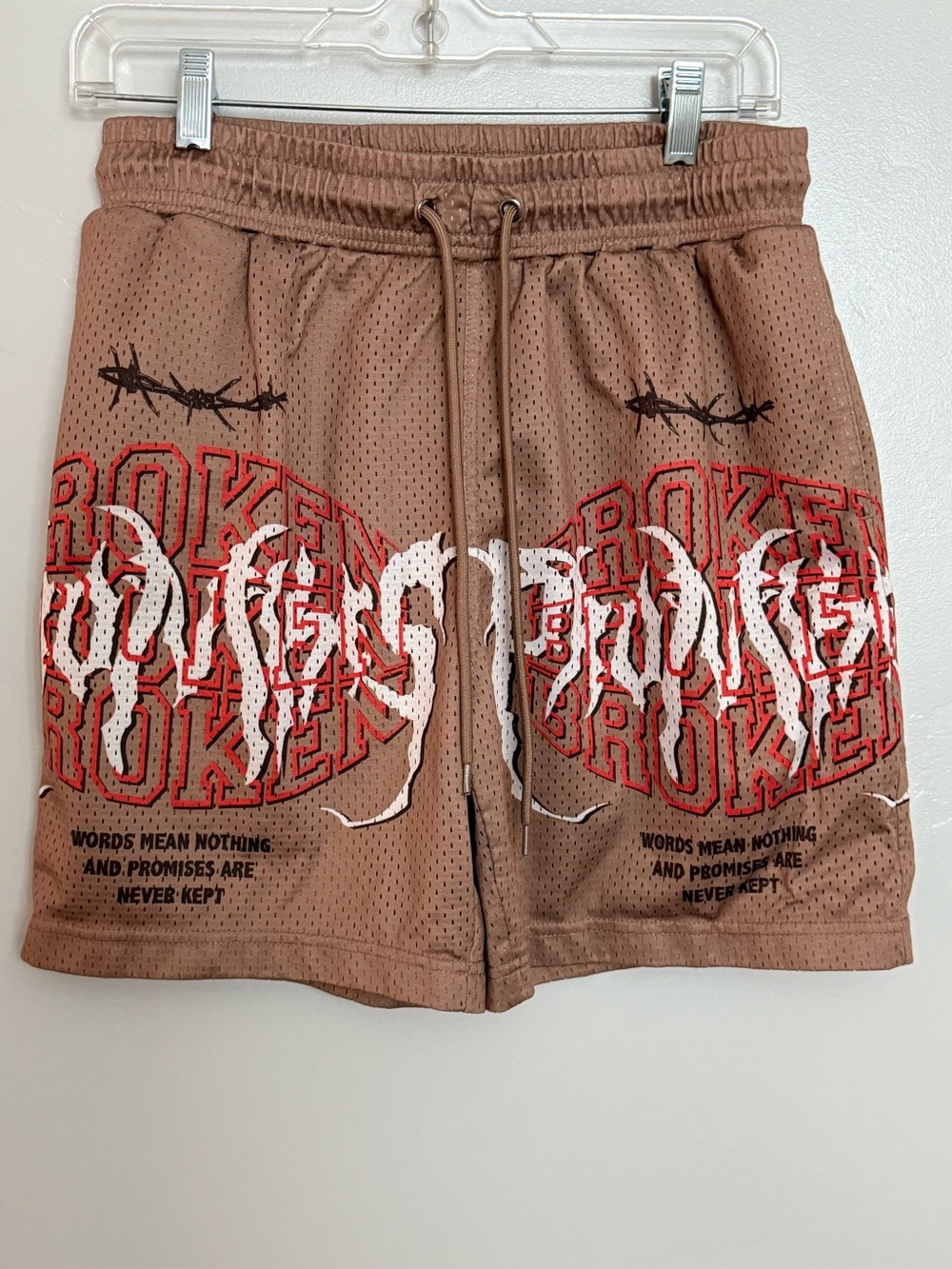 Mens Broken Promises Underworld Tan Mesh Shorts. Size small. Zumiez.